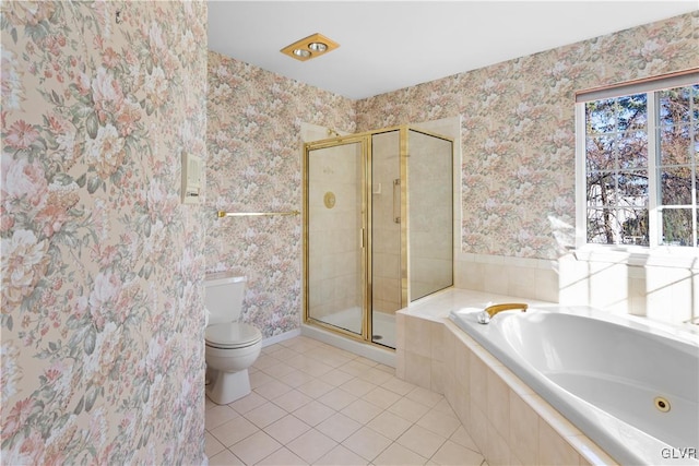 full bath featuring tile patterned floors, toilet, a stall shower, and wallpapered walls