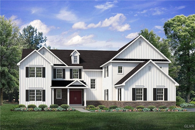 modern farmhouse style home featuring stone siding, roof with shingles, board and batten siding, and a front lawn