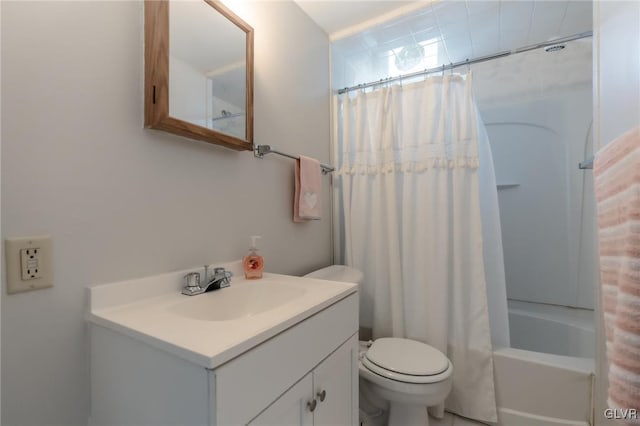 full bath with vanity, toilet, and shower / bathtub combination with curtain