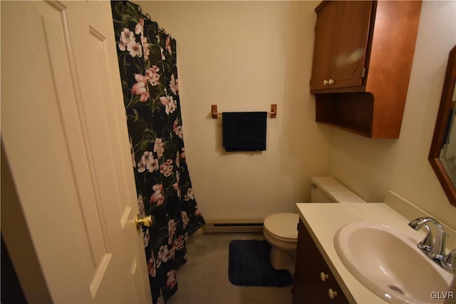 full bathroom with curtained shower, vanity, toilet, and a baseboard heating unit