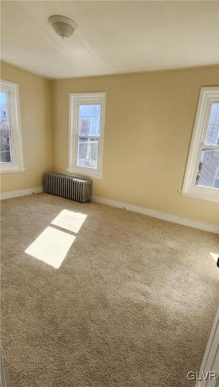 spare room with radiator heating unit, carpet, and baseboards