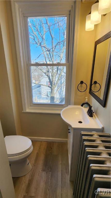 bathroom with baseboards, toilet, wood finished floors, and vanity