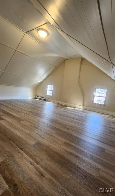 additional living space featuring a baseboard radiator, lofted ceiling, and wood finished floors