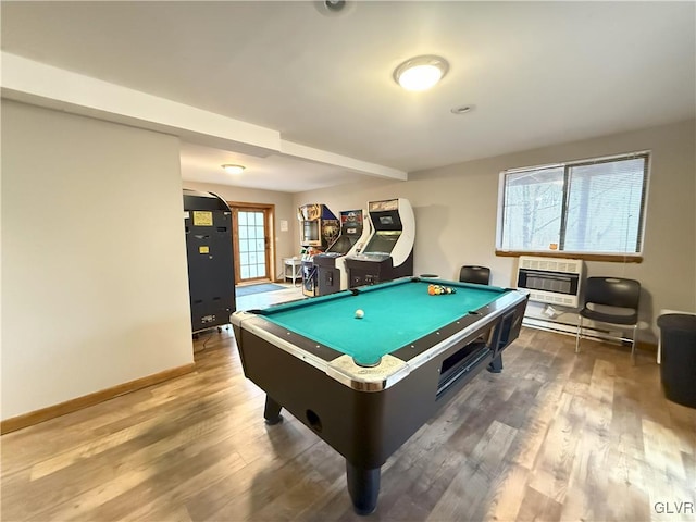 248 Penn Forest Trl, Penn Forest Township, PA 18210 - playroom featuring baseboards, heating unit, wood finished floors, and pool table