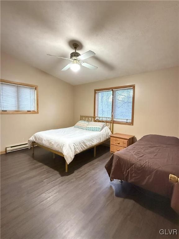 248 Penn Forest Trl, Penn Forest Township, PA 18210 - bedroom featuring ceiling fan, wood finished floors, lofted ceiling, and a baseboard radiator