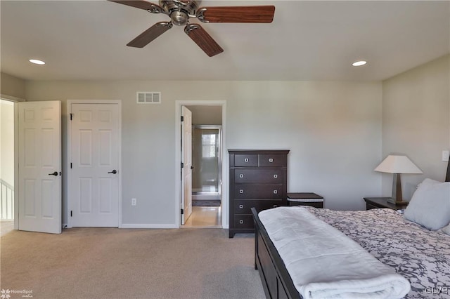 bedroom with recessed lighting, visible vents, carpet flooring, and baseboards