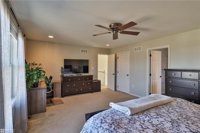 carpeted bedroom with recessed lighting, visible vents, and ceiling fan