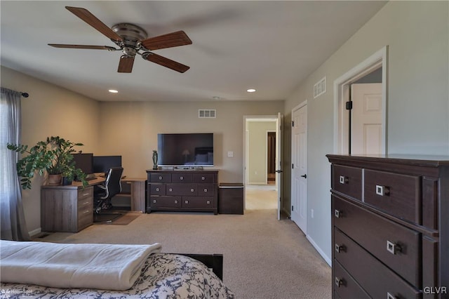 bedroom featuring visible vents, recessed lighting, baseboards, and carpet