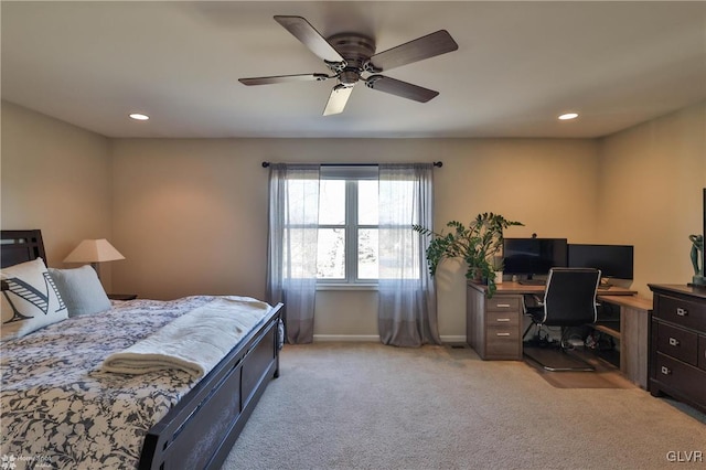 bedroom with recessed lighting, baseboards, light colored carpet, and a ceiling fan