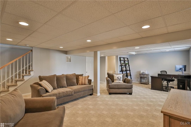 carpeted living room featuring recessed lighting, stairway, baseboards, and visible vents