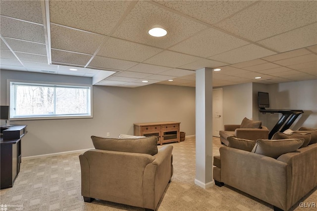 living room featuring recessed lighting, baseboards, and light colored carpet