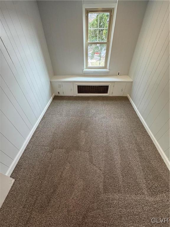 additional living space with visible vents, wood walls, baseboards, and carpet