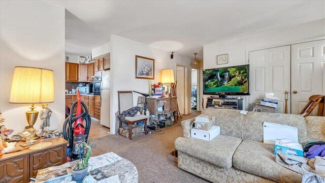 living room with light colored carpet