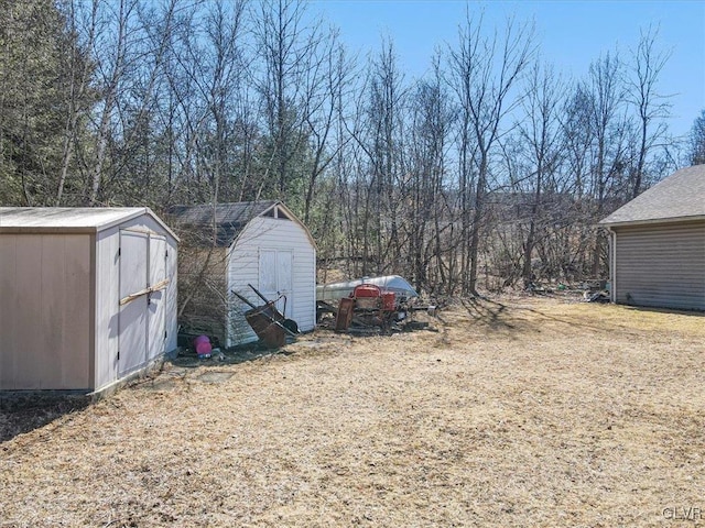 view of yard featuring a shed and an outdoor structure