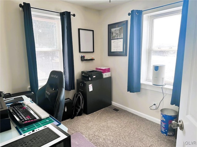 home office with carpet flooring and baseboards