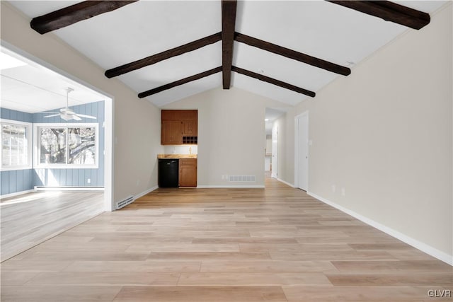 unfurnished living room featuring visible vents, ceiling fan, vaulted ceiling with beams, and light wood-style floors