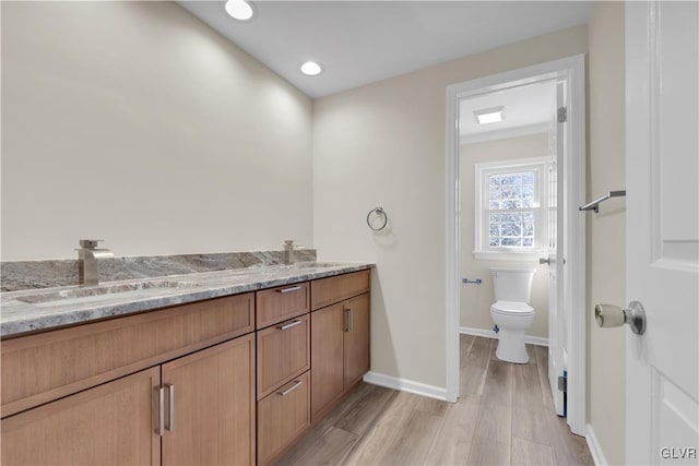 bathroom with wood finished floors, baseboards, double vanity, a sink, and toilet