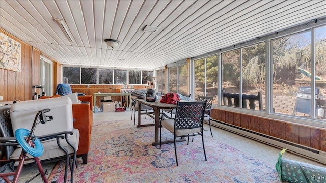 sunroom / solarium featuring a baseboard radiator and wooden ceiling