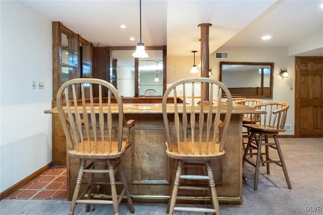 kitchen with visible vents, recessed lighting, baseboards, and carpet floors