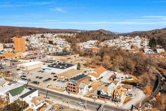 drone / aerial view featuring a mountain view