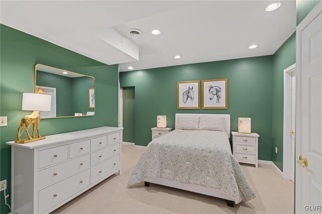 bedroom featuring visible vents, recessed lighting, baseboards, and carpet floors