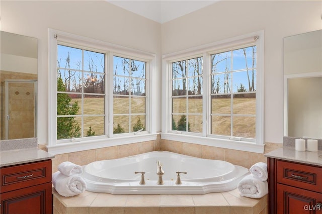 bathroom with vanity, a garden tub, and a shower stall