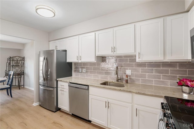 kitchen with a sink, light stone counters, backsplash, white cabinetry, and stainless steel appliances