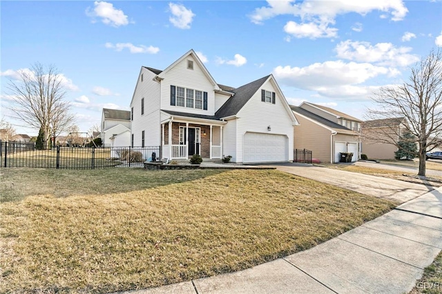 traditional-style home with brick siding, a front lawn, fence, concrete driveway, and covered porch