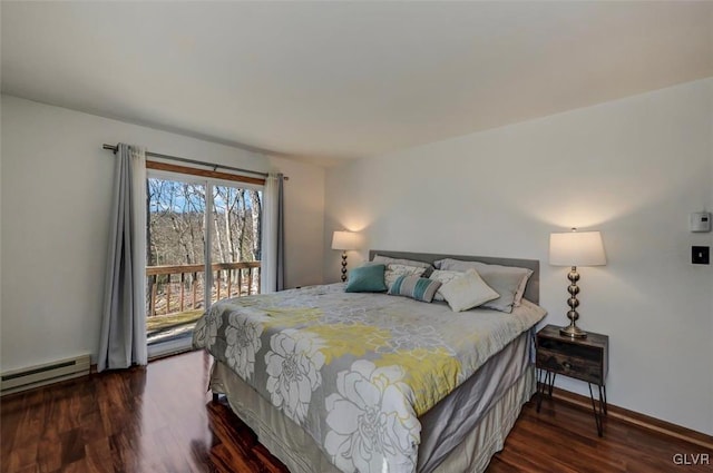 bedroom with access to exterior, baseboard heating, baseboards, and dark wood-style flooring