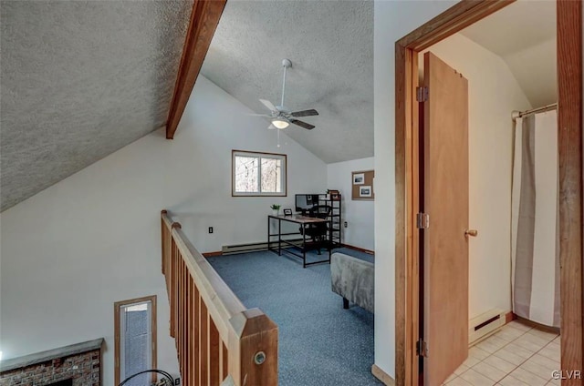 office space featuring a baseboard heating unit, a textured ceiling, carpet, lofted ceiling, and ceiling fan