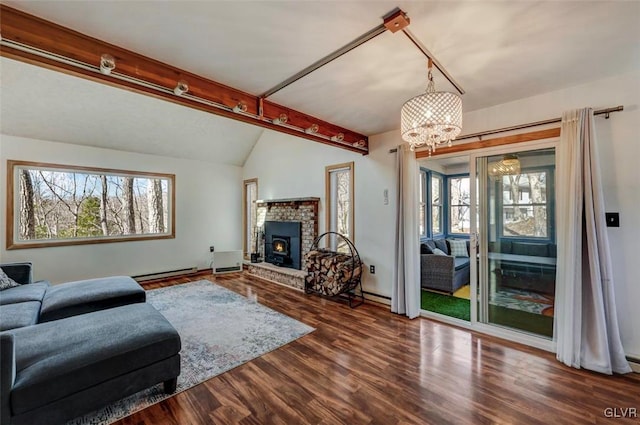 living room with dark wood-style floors, a notable chandelier, vaulted ceiling with beams, and a baseboard radiator