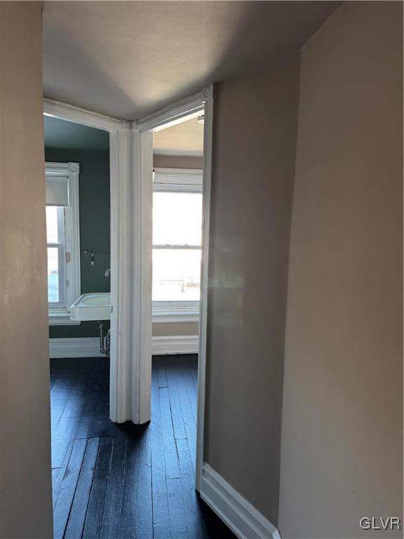 hall with plenty of natural light, dark wood-style floors, and baseboards