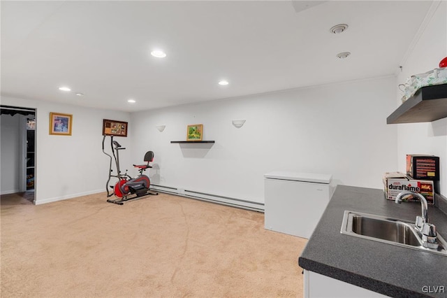 kitchen featuring a sink, light colored carpet, baseboard heating, refrigerator, and open shelves