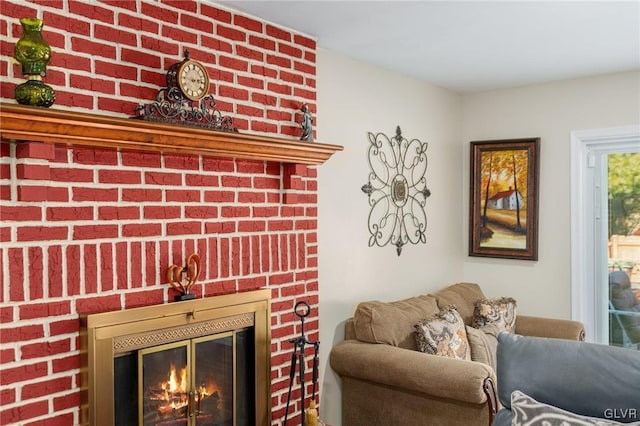 interior details with a brick fireplace