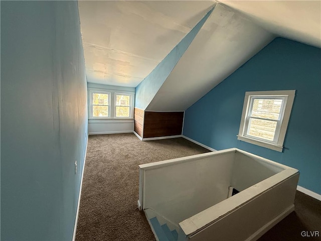 additional living space featuring baseboards, carpet floors, and vaulted ceiling