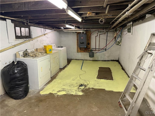 unfinished basement featuring washer and dryer and electric panel