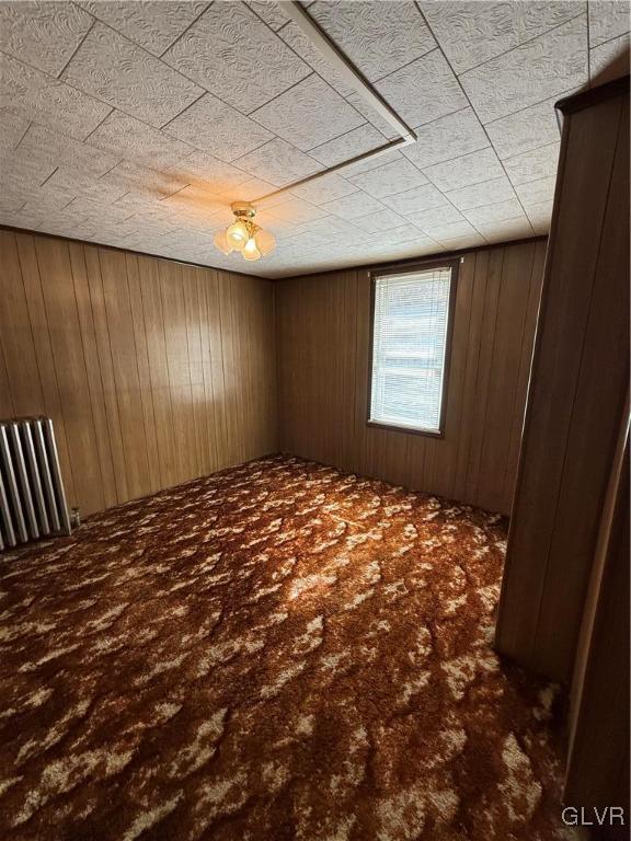 carpeted empty room with wood walls