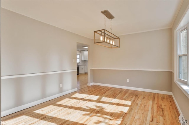 unfurnished dining area featuring baseboards, plenty of natural light, and light wood-style flooring