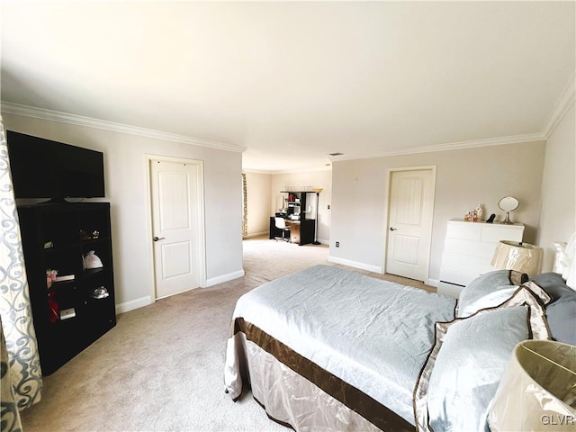 bedroom featuring light colored carpet, baseboards, and ornamental molding