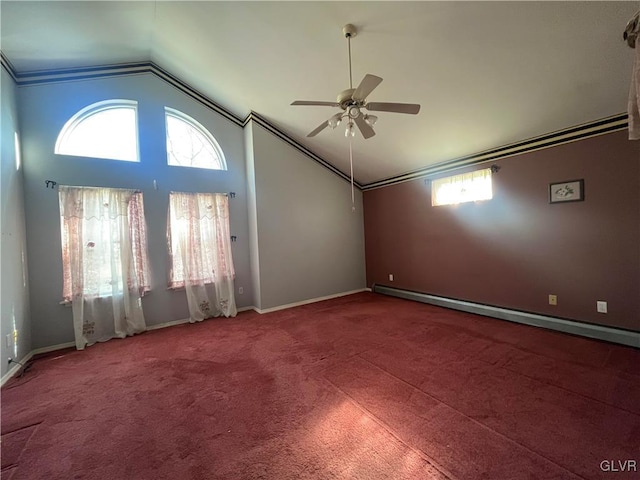 unfurnished room featuring a ceiling fan, baseboards, high vaulted ceiling, carpet flooring, and baseboard heating