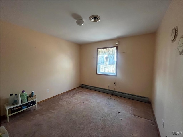 carpeted empty room featuring a baseboard radiator, baseboards, and visible vents