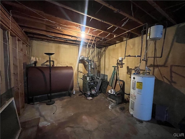 unfinished below grade area with a heating unit, electric water heater, and heating fuel