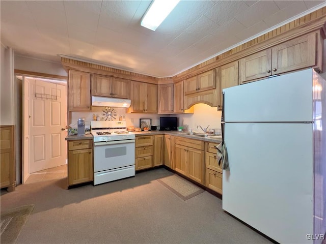 kitchen with light brown cabinets, under cabinet range hood, a sink, white appliances, and light countertops