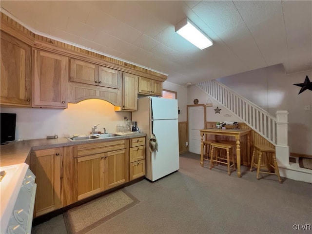 kitchen featuring carpet, freestanding refrigerator, a sink, stove, and light countertops