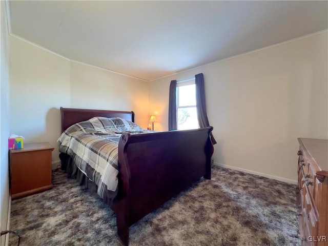 bedroom with carpet, baseboards, and ornamental molding