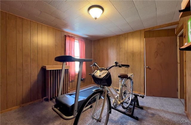 workout room with carpet floors and wooden walls