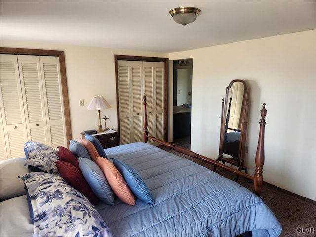 carpeted bedroom with two closets