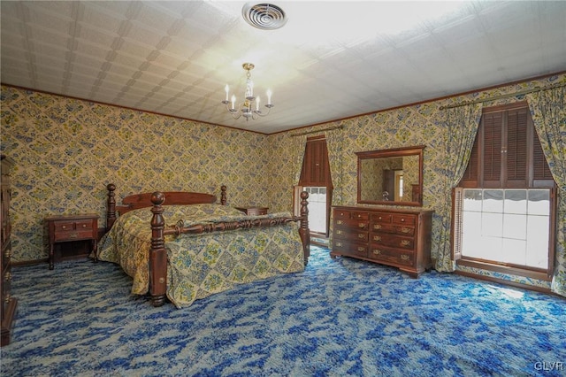 carpeted bedroom with a notable chandelier, wallpapered walls, and visible vents