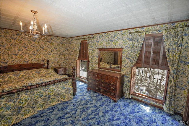 carpeted bedroom featuring multiple windows, a notable chandelier, and wallpapered walls