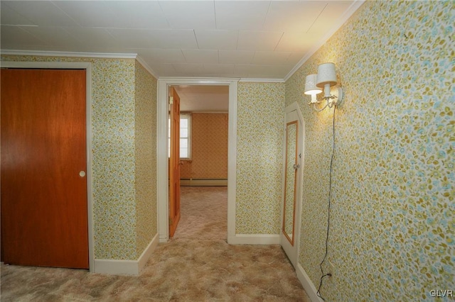 corridor featuring wallpapered walls, crown molding, baseboards, and a baseboard radiator